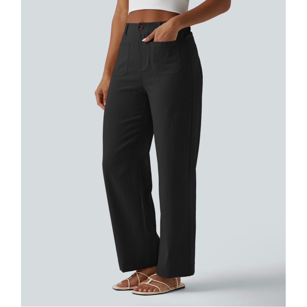 Halara Black High Waisted Wide Leg Work Pants Patch Pockets Size S